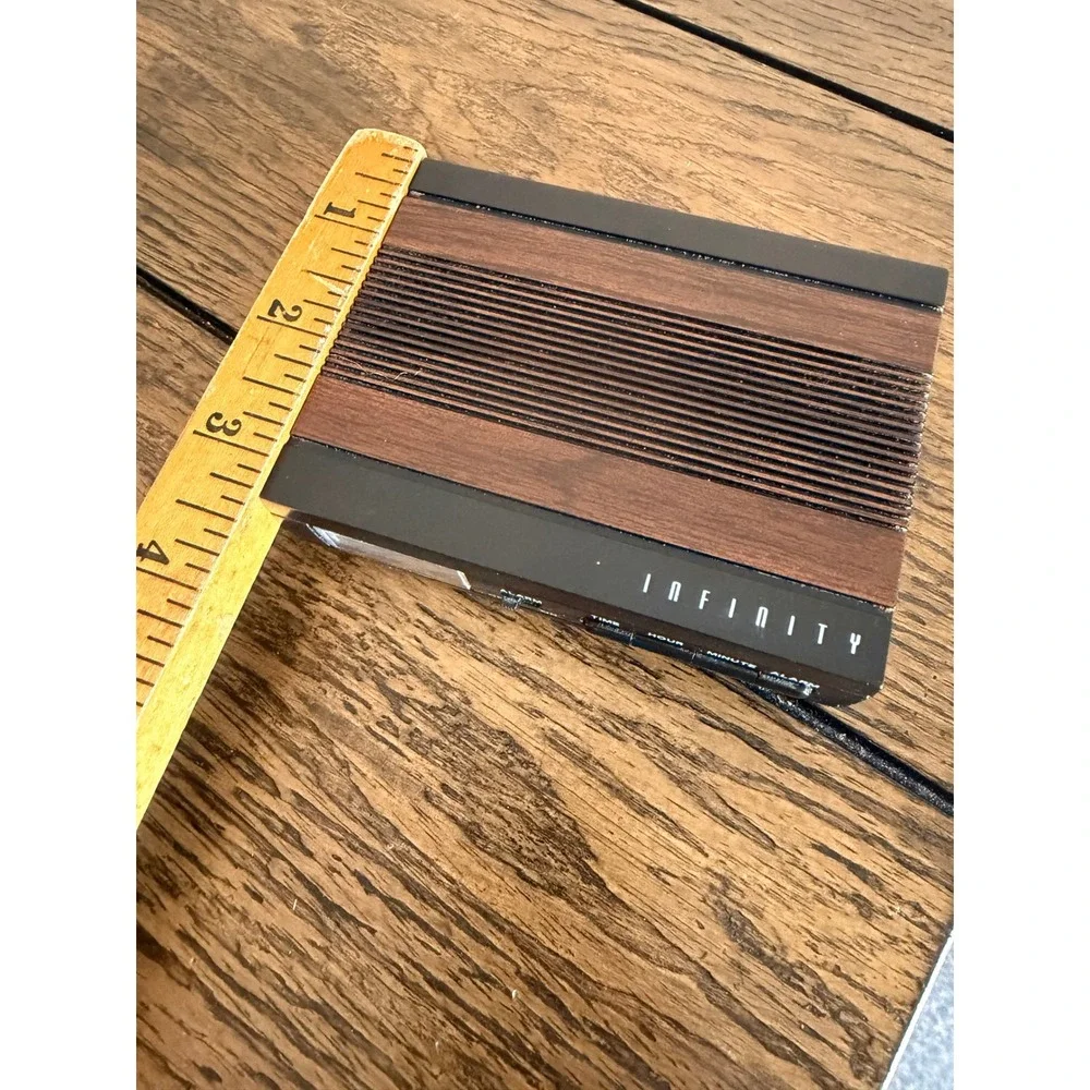 Infinity Alarm Clock Travel Digital Black Brown Good Faux Wood Grain Compact